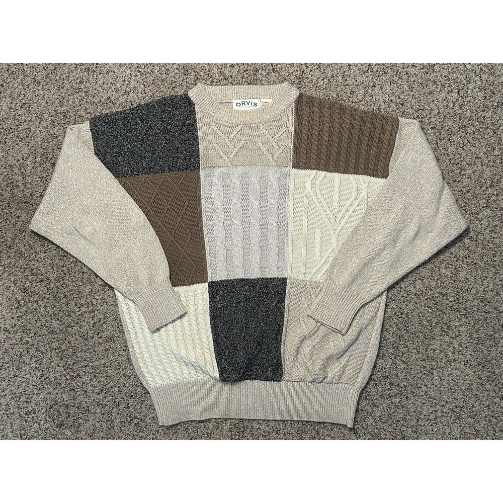 Orvis Multicolor Patchwork Fisherman Knit Sweater, Cotton, Vintage 90s, XL